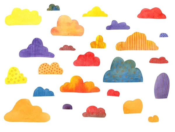 Set Watercolor Clouds Isolated White Orange Blue Violet Red Yellow — Stock Photo, Image