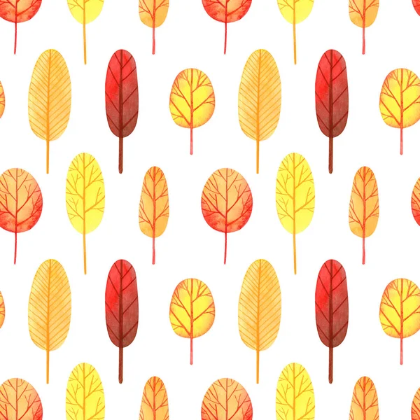 美丽多彩的无缝图案秋天公园 水彩画手绘红色 与白色背景隔离 适合儿童面料 纺织品 包装纸 印刷品 — 图库照片
