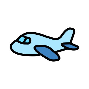 Açık mavi renkli, koyu mavi aksanlı bir uçak beyaz üzerine izole edilmiştir. Cesur siyah çizgiler ve basit, büyüleyici estetik içeriyor..