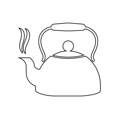 Basit çizgi çizimi, minimalist mutfak çizimleri ve kavramları için ideal beyaz arka planda, oluktan yükselen buharla sıcak çaydanlığı temsil eder..