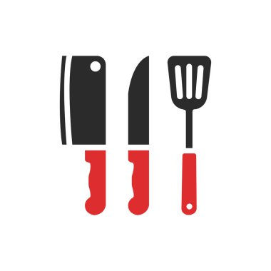 Minimalist still life features a red handled cleaver, knife, and spatula arranged against a clean backdrop, evoking concepts of cooking and food preparation over white background.
