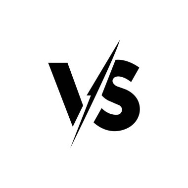 The bold versus symbol in stark black and white is divided by lightning, making a dynamic contrast on white background.