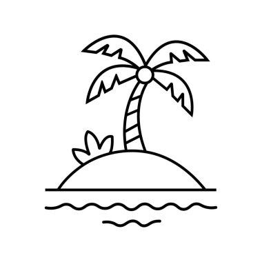 Simple black and white outlined tropical island image features a single palm tree, surrounded by ocean waves, and a transparent background for easy integration into various projects.
