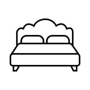 Simple, clean line drawing of a bed featuring a decorative headboard and two pillows. The contemporary monochrome aesthetic of this sleeping furniture enhances its versatility.