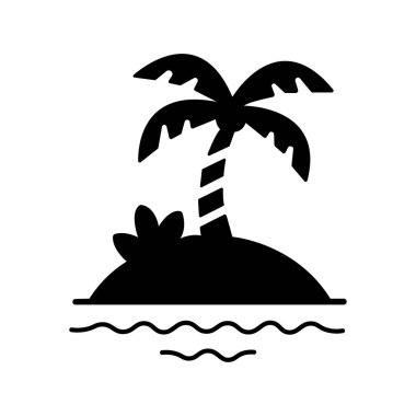 Simple black silhouette presents a secluded tropical island featuring a palm tree, lush greenery, and gentle waves. The solid image has a clean, minimalist aesthetic.