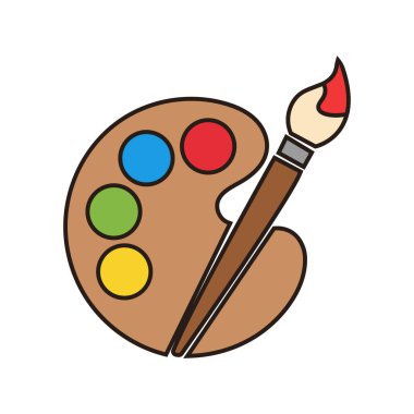 Isolated on white painting tools featuring a wooden palette holding blue, red, green, and yellow paint spots alongside a brush with red paint on its bristles.