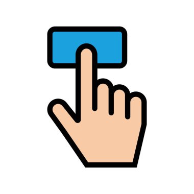 A cartoon finger with a light skin tone is pushing down on a rounded blue button. The background is a clean white and completely transparent for various applications.