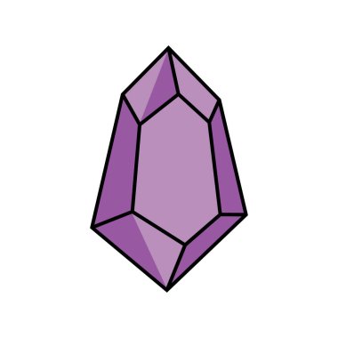 Illustration shows a close up of a violet crystal, with black outline facets and a geometric shape, isolated against a white background, creating a captivating gem visualization.