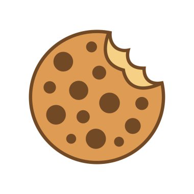 Isolated cookie illustration displays a round, tan colored cookie with dark brown spots. A bite is missing, revealing a lighter inside, set on a transparent background.