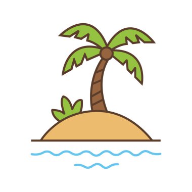 Isolated flat linear icon showing a small tropical island with sand, a palm tree, a small bush, and peaceful ocean waves. It has a transparent background.