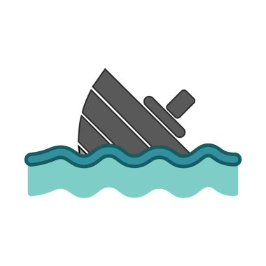 The vector showcases a simple, stylized capsized gray boat partially submerged within wavy turquoise ocean water. The image uses clean lines and flat colors on transparent.