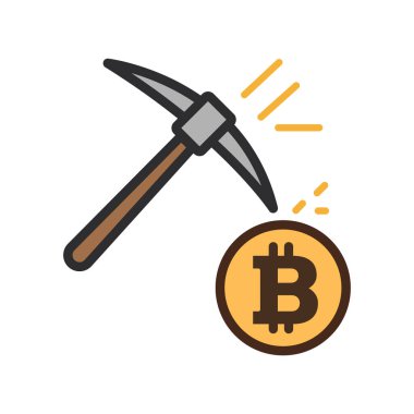 A gray pickaxe striking golden bitcoin with impact lines showing crypto mining on white background.