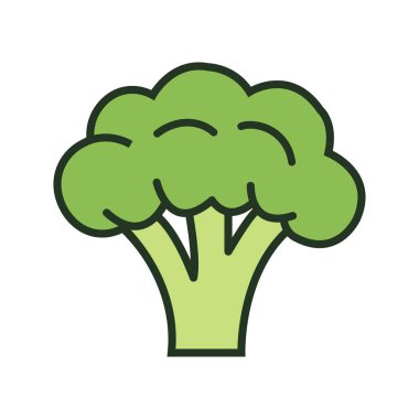A light green broccoli head is featured with dark green outlines; it is positioned centrally, set against a clean white background.