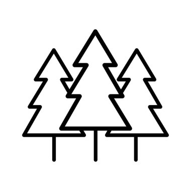 A simple black line icon illustrates a forest of three evergreen trees with thick trunks and distinctive triangular shapes on a white background.
