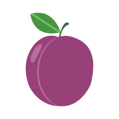 Captures a stylized single plum with a fresh green leaf, showcased against a clean white backdrop, emphasizing simplicity and natural elements in a minimalistic composition.