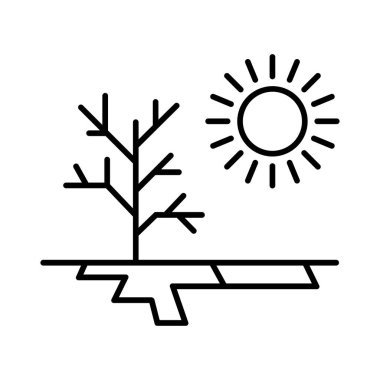 Barren tree and cracked earth line symbol stand beneath bright sun, indicating drought conditions in simple linear drawing; white background.