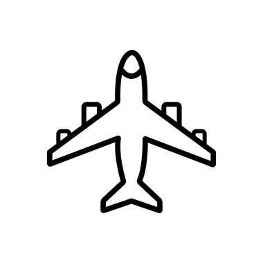 A basic black airplane icon viewed from the top with symmetrical wings and tail fins is isolated on a white backdrop.