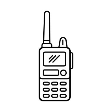 Isolated black outline depicts a handheld two way radio with an antenna, screen, and buttons on a white background.