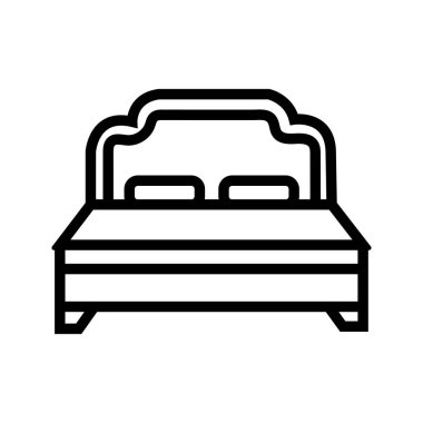 Line drawing of a traditional bed frame with pillows. The illustration is isolated and set against a stark white backdrop creating a clean appearance.