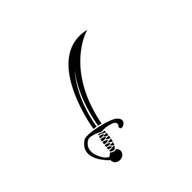 Silhouette of a curved saber sword with its ornate handle is on white background, offering a striking visual for various themed projects.