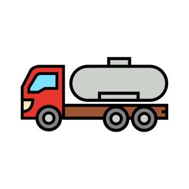 Basit bir düz vektör, beyaz arka planda gri bir tankı ve kahverengi şasisi olan kırmızı bir yakıt kamyonunu betimler..