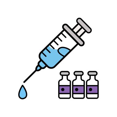 Bir vektör, bir damlacık düşmüş mavi bir sıvıyı elinde tutan bir şırıngayı betimler. Yanında, beyaz arka planda gösterilen üç aşı şişesi tasvir ediliyor..