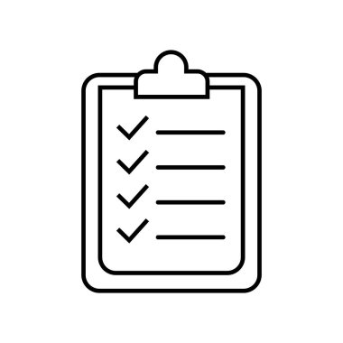 Siyah çizilmiş pano simgesi, basit bir beyaz arkaplan üzerinde sunulan görev tamamlama veya ilerlemeyi gösteren işaretleri ve boş satırları gösterir.