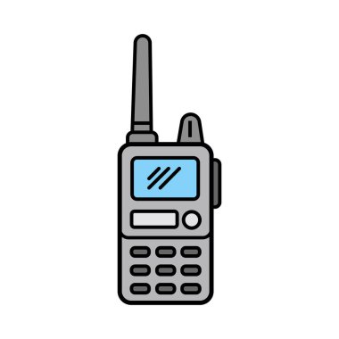 Antenli gri telsiz ayakta dikiliyor. Radyonun bir ekranı ve düğmeleri var ve arka plan beyaz bir arkaplan..