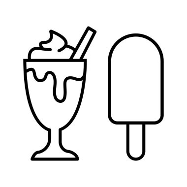 Dondurmayla dolu bir tatlı bardağının taslağı. Yanında da çubuk çubukla. Beyaz arkaplanda siyah çizim.