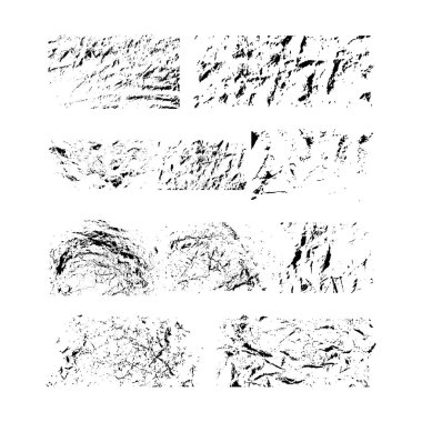 Izgara biçiminde dokuz farklı grungy doku gösterilirken, bu derleme temiz beyaz arkaplana karşı sanatsal ve görsel olarak bağlayıcı bir düzenleme sunar.
