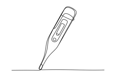 Aralıksız çizgi sanatı modern dijital termometrenin beyaz arka plana karşı ayakta durduğunu gösteriyor, minimalist tasarım ve tıbbi ekipmanları vurguluyor..