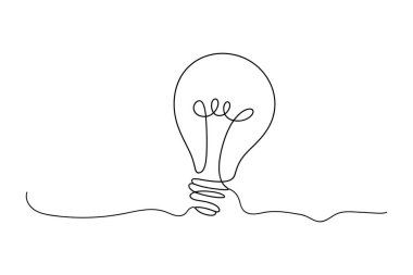 Devamlı çizgi, yeni fikirleri, yenilikleri ve çözümleri sembolize eden bir ampulü temsil eder. Minimalist çizim klasik ampul şeklini oluşturan kesintisiz bir çizgiye sahiptir. beyaz arkaplan.