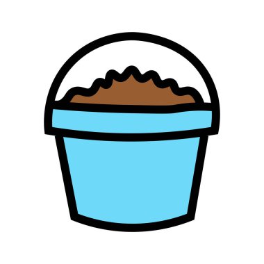 Kahverengi toprakla dolu açık mavi bir kova, basit bir beyaz arkaplan üzerine siyah ile özetlenir..