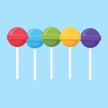 Kırmızı, mavi, yeşil, sarı ve mor renkli beş canlı lolipop şekeri açık mavi bir arkaplan üzerinde renkli bir sırada duruyor..