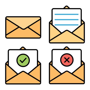 Bir satırda dört turuncu vektör zarfı iletileri gösterir iletiler iletilir, iletiler iletilir, belgeler alınır ve beyaz arkaplanda reddedilir.