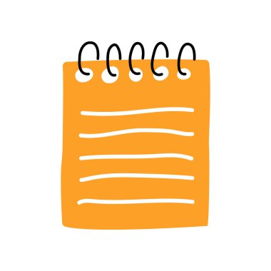 Siyah spiral bağlayıcı sayfaları olan turuncu bir not defteri beyaz arkaplana karşı basit ama işlevsel bir illüstrasyon oluşturur..