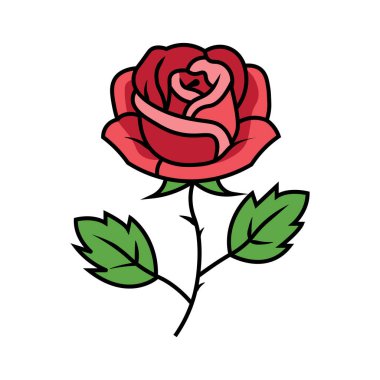 Yeşil yapraklı ve tek saplı kırmızı gül çizimi. Taslak yaprakları, sapı ve yaprakları beyaz bir arkaplanda bulunan stilize bir gül içerir..