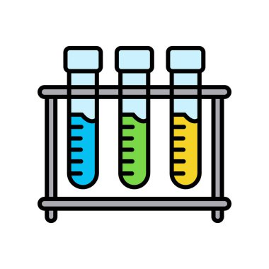 Üç test tüpü, her biri farklı renklerde mavi, yeşil ve sarı ile doldurulmuş gri bir askıda beyaz arka planda sergileniyor..