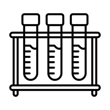 Sıvı içeren üç test tüpü, basit beyaz bir arkaplana karşı siyah çizgili bir tutacağa yerleştirilmiştir..