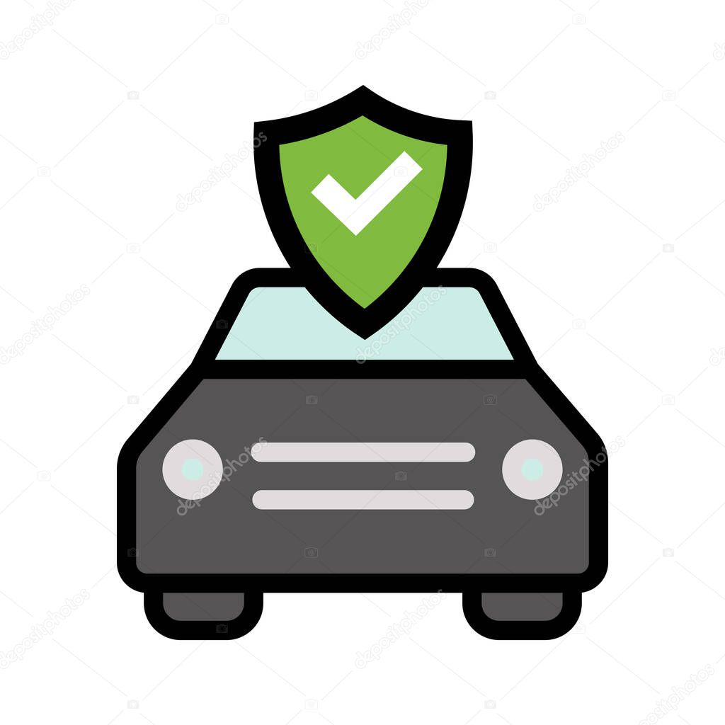 A black colored vehicle with a green shield having a white checkmark displayed above it, represents safety features of vehicle insurance on white background.