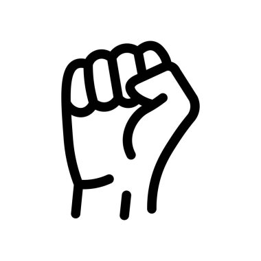 Tarzlı bir siyah yumruk, beyaz bir arkaplanda basit bir grafik öğesi olarak sergilenir. İkonik temsil yoluyla güç, direnç ve birlik aktarılır..