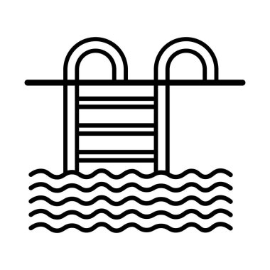 Bir minimalist siyah anahat su ile bir yüzme havuzu merdiveni gösterir, yaz veya eğlence temaları için beyaz bir arkaplan üzerinde temiz ve basit bir simge oluşturur.