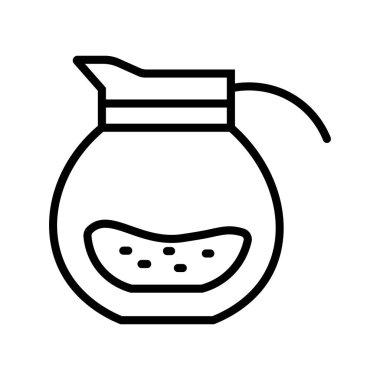 Simple outline shows a coffee pot with beans within. The rounded coffee pot has a handle, and there is coffee with beans visible on a white background.