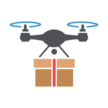 İzole edilmiş bir insansız hava aracı bir illüstrasyonda paket teslim eder. İnsansız hava aracı, beyaz arka planda gösterilen kırmızı kurdeleli bir kutuyu taşırken havada asılı duruyor..