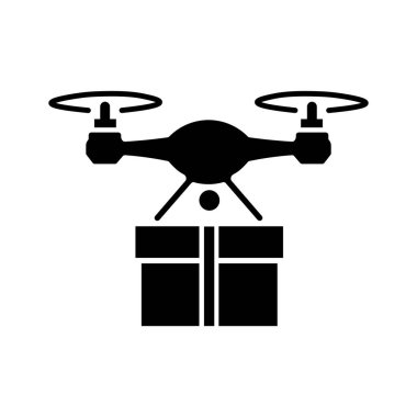 Kara İHA, modern bir dağıtım sistemi simgesi olarak beyaz zemin üzerinde hava yoluyla bir hediye kutusu teslim eder..