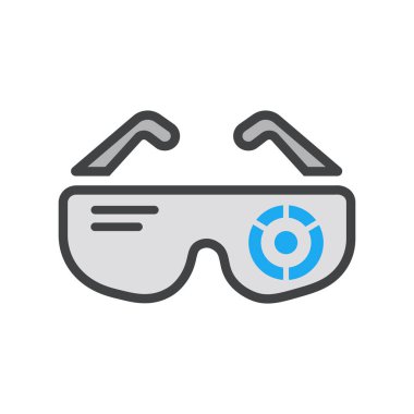 Artırılmış gerçeklik gözlükleri lenste mavi bir veri görselleştirme çemberi gösterir. Gözlüklerin gri jantları ve beyaz arkaplanı var..