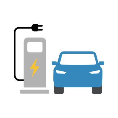 Elektrikli araç şarj istasyonuna takılan mavi araba illüstrasyonu beyaz arka planda elektriksel otomotiv ile enerjinin geleceğini gösteriyor.