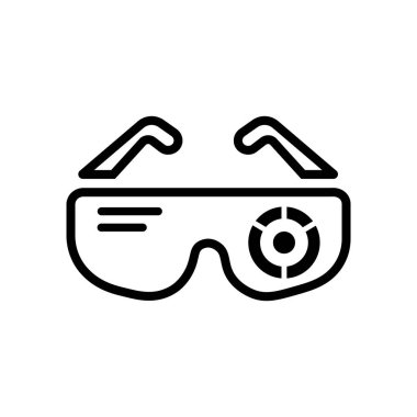 Fütürist siyah gözlükler, temiz beyaz bir arkaplanda izole edilmiş, teknoloji ve modern tasarıma odaklanmış, artırılmış gerçeklik hedefini gösteriyor..