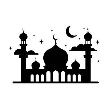 Hilal ay ve yıldızlı sakin cami silueti, İslami temalar için mükemmel.