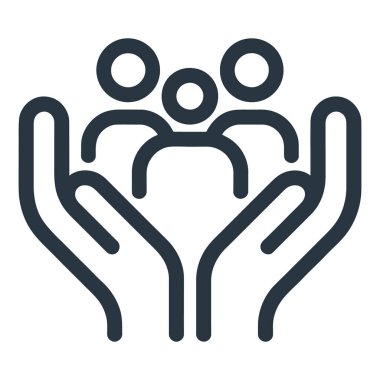 Tarz simgesi iki elini gösteriyor. Üç küçük insan figürünü kucaklıyor. Bakım, koruma ve birlik kavramlarını gösteriyor..